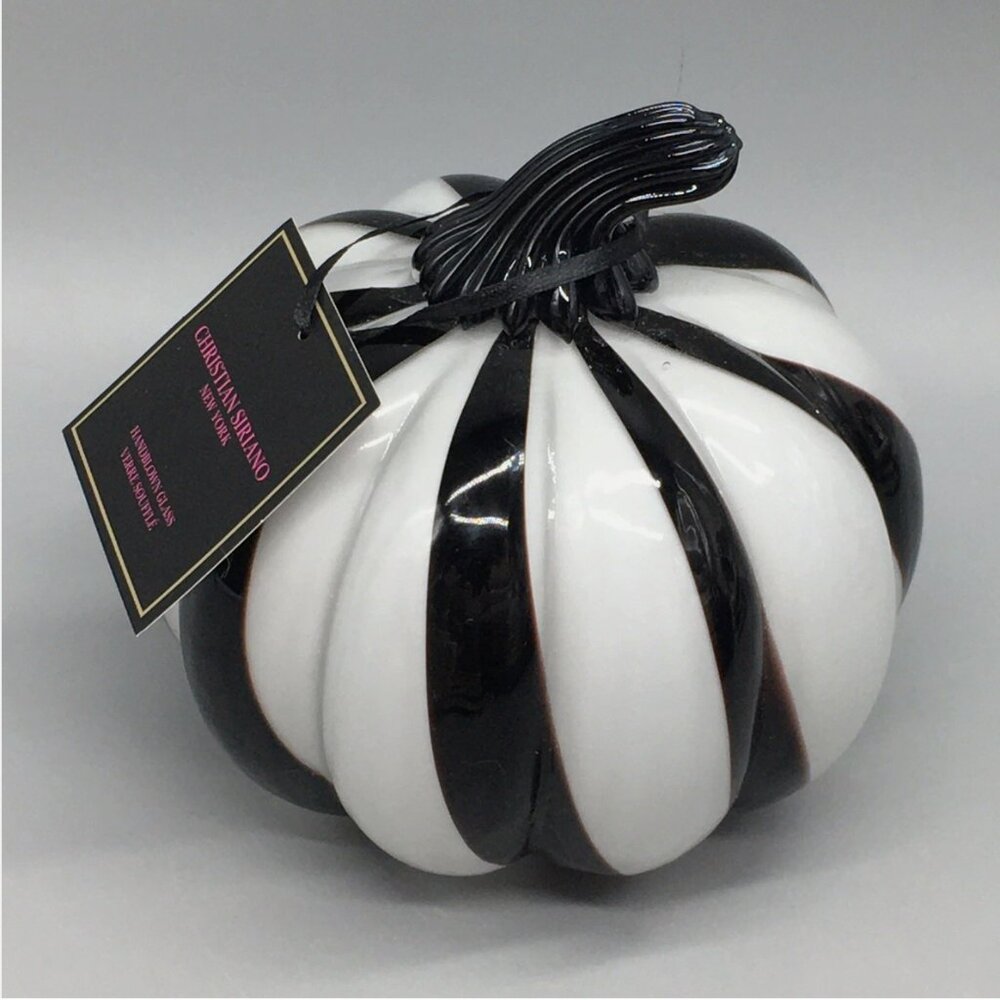 Christian Siriano Handblown Glass Pumpkin White Black Stripe Designer Fall Decor